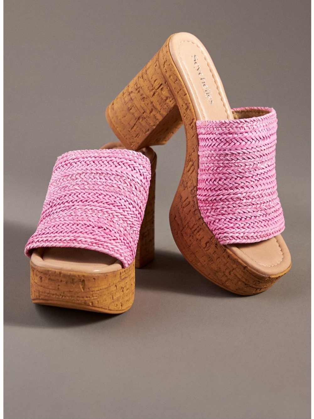 Seychelles Pink Raffia Platform Sandals with Cork Block Heel